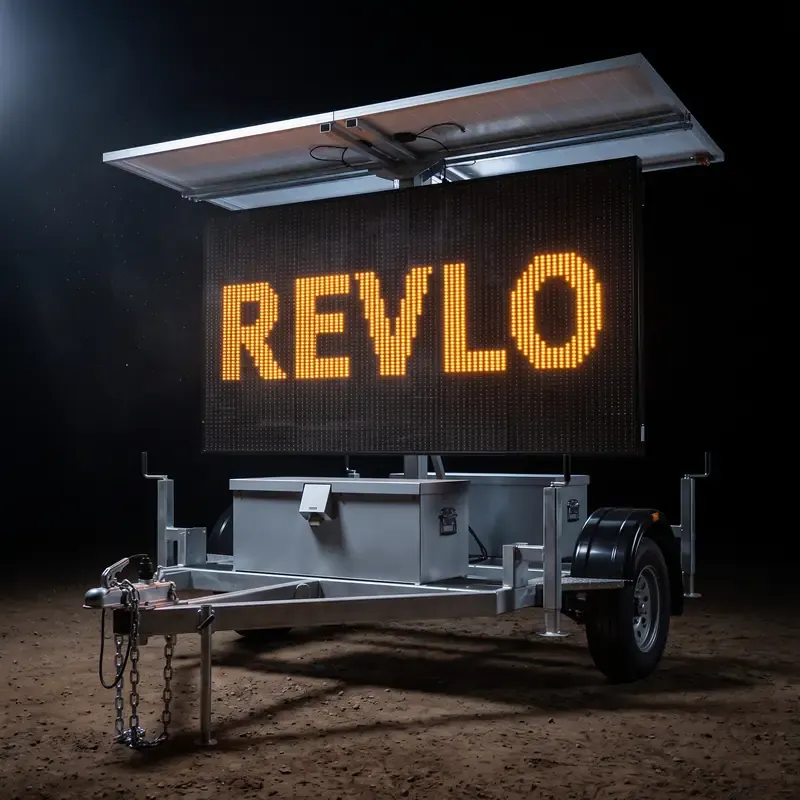 Painel de mensagem variável móvel da Revlo aceso à noite, sobre carretinha, em frente de obra